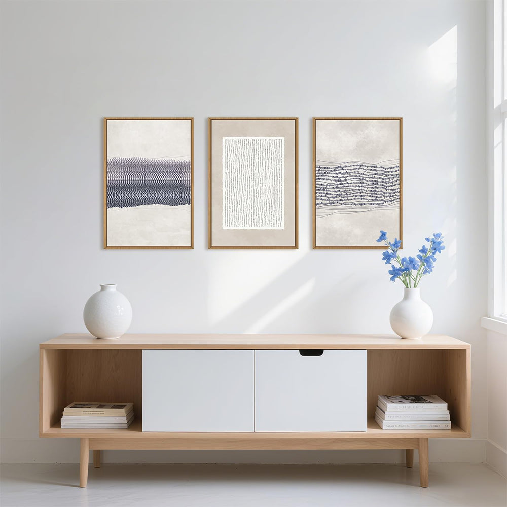 HOURIA Blue White Abstract Neutral Framed Canvas Wall Art Set- 16"x24&qu...
