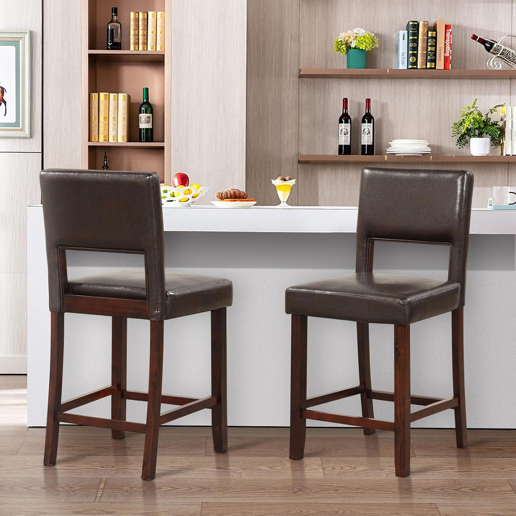 GIANTEX 24.5" Counter Height Bar Stools Set of 4, PVC Leather Barstools with Back, Rubber Wood Legs, Max Load 400 Lbs, Modern Upholstered Bar Dining Chairs for Kitchen Island Pub