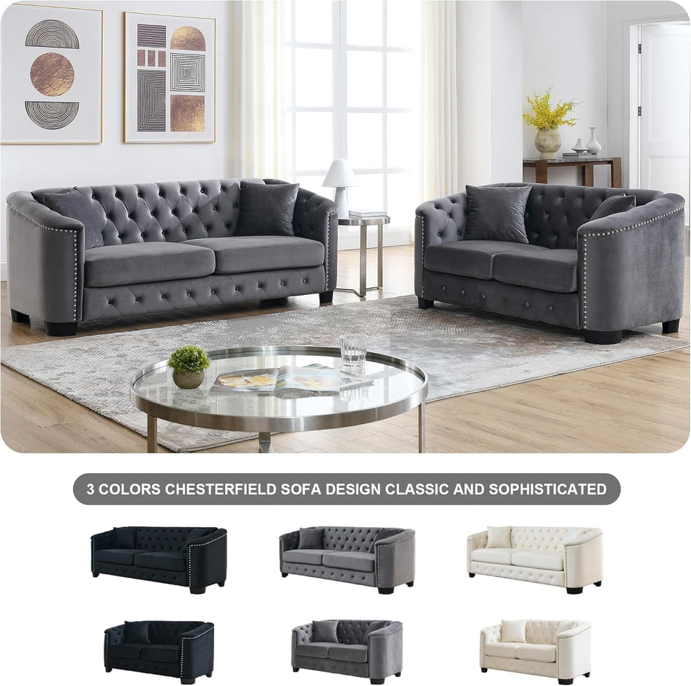 2 Piece Modern Chesterfield Velvet 77" 3-Seater+59" Loveseat Sofa S...