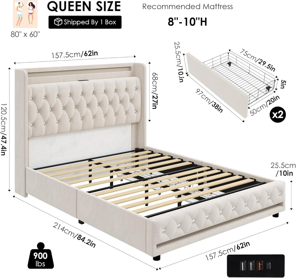 HIFIT Upholstered Queen LED Bed Frame w/Storage & Charging Headboard, Beige