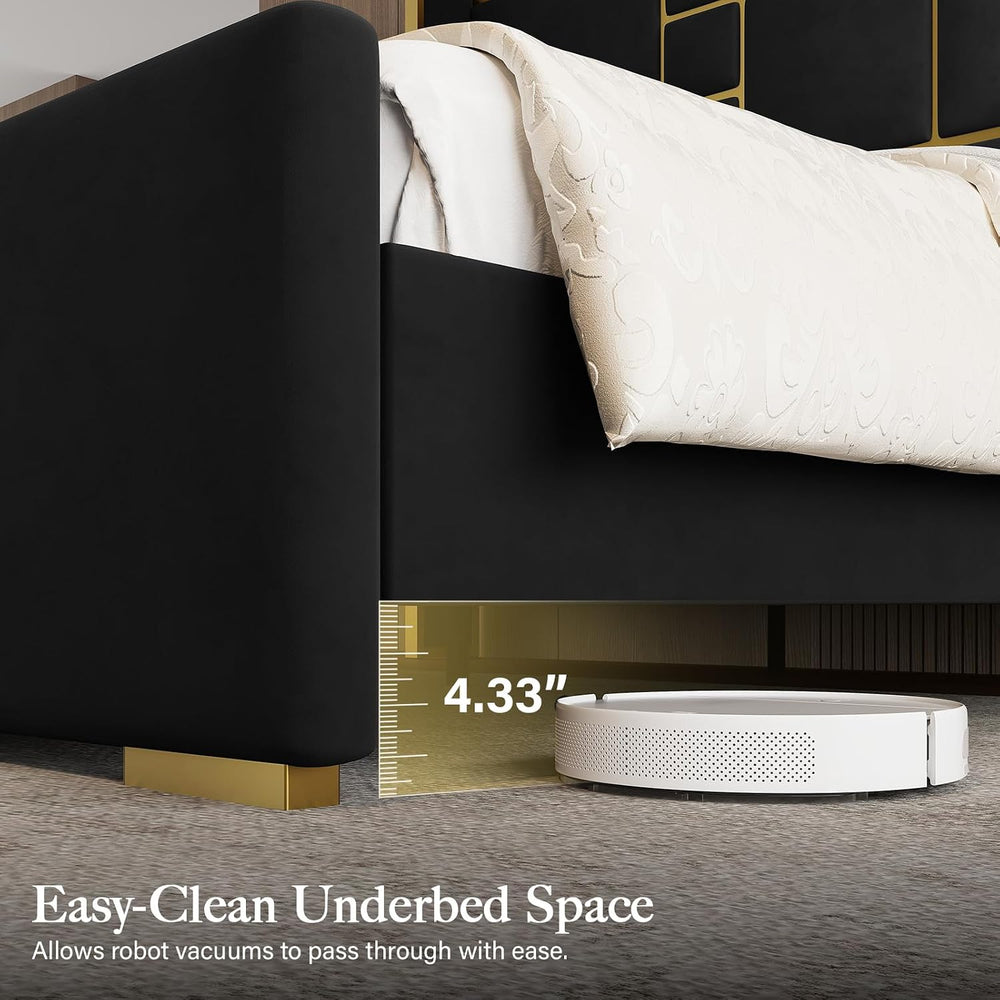 King Bed Frame and Gold Trim Headboard, Upholstered Bed, Black