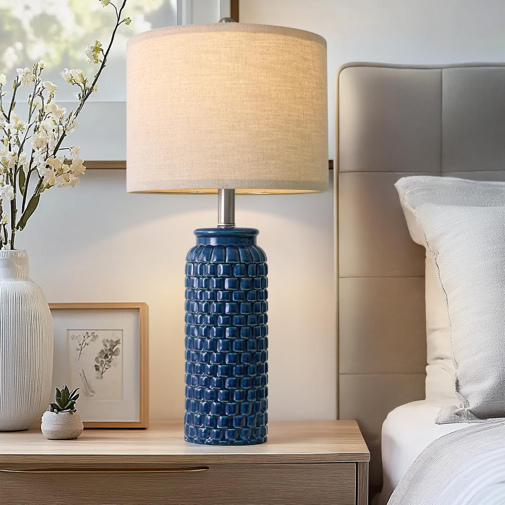 USumkky 24 inches Modern Ceramic Dark Blue Bedside Lamp Set of 2 for Bedroom ...