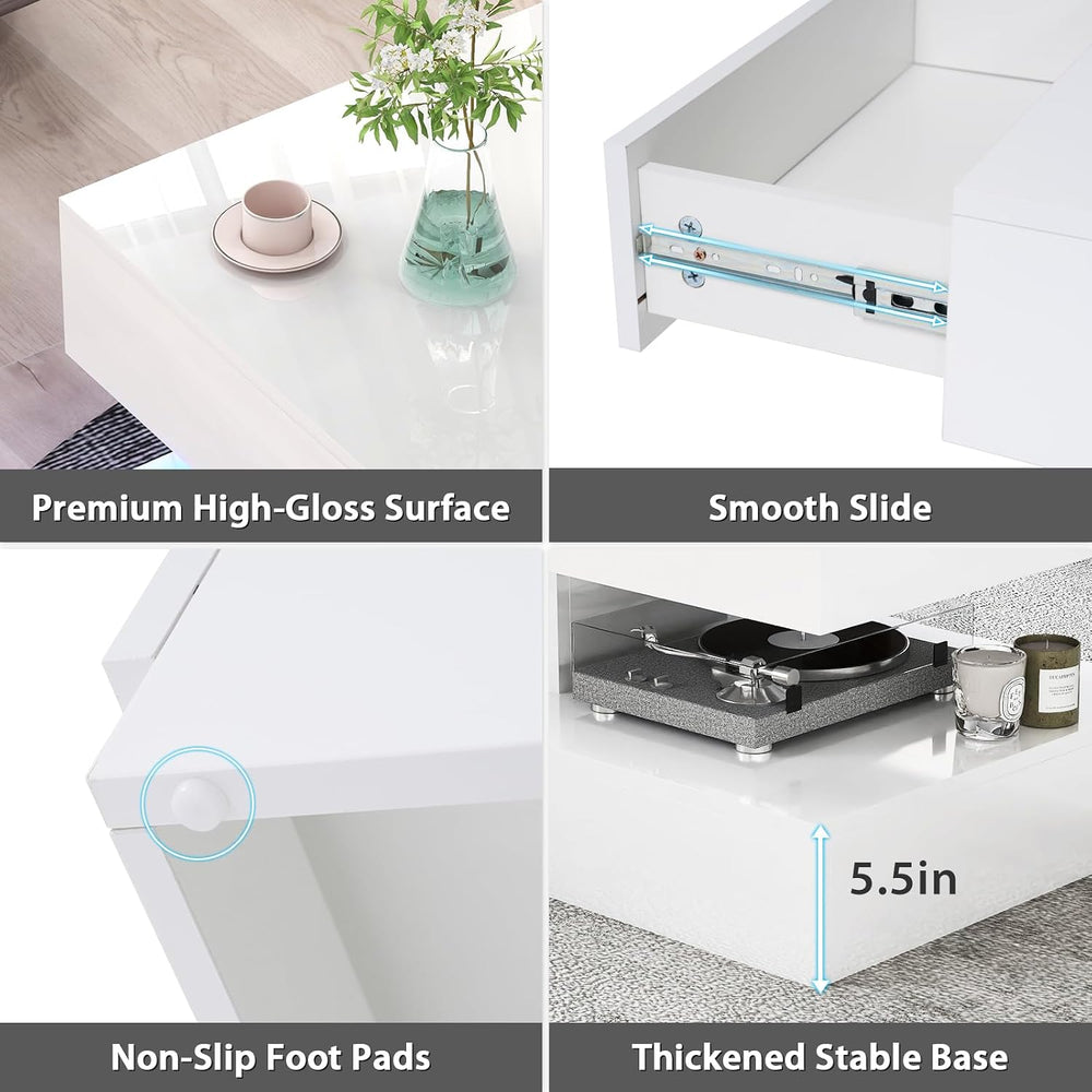 Verano Garden 47" High Gloss LED Coffee Table, Large Storage Center Table
