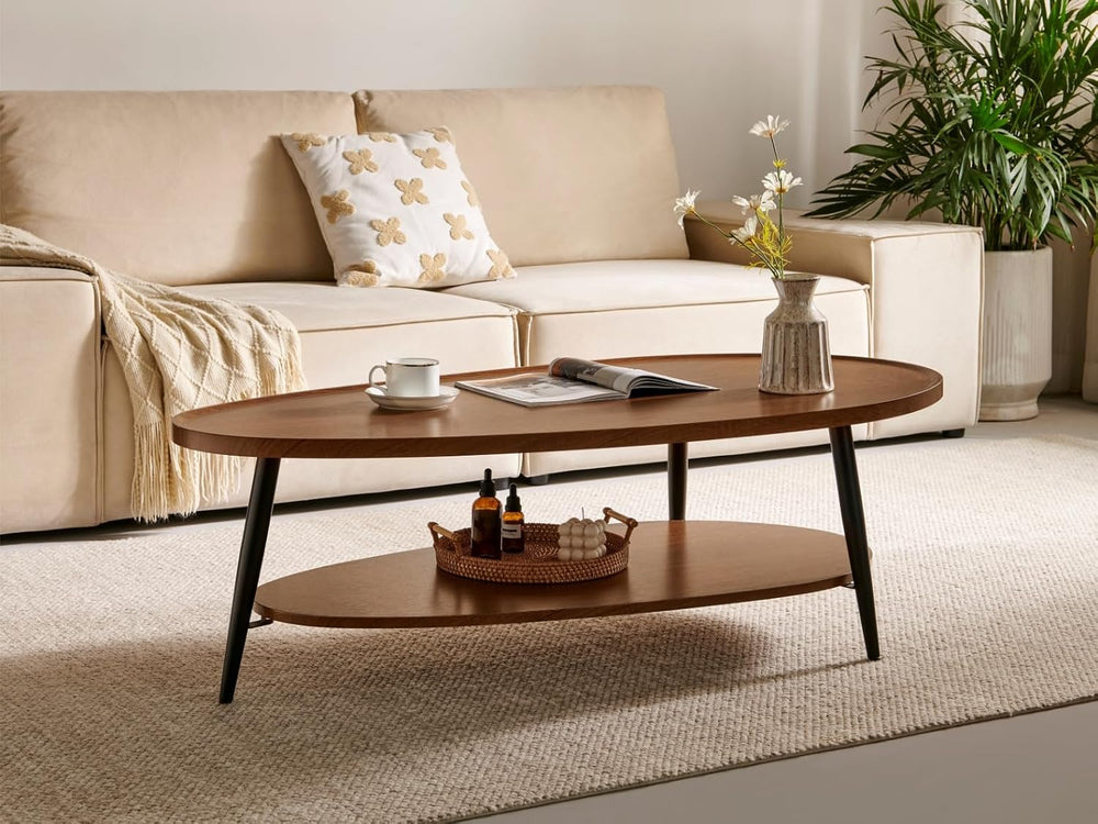 Saint Mossi Oval Wood Coffee Table, Mid-Century Modern Coffee Table, Double L...