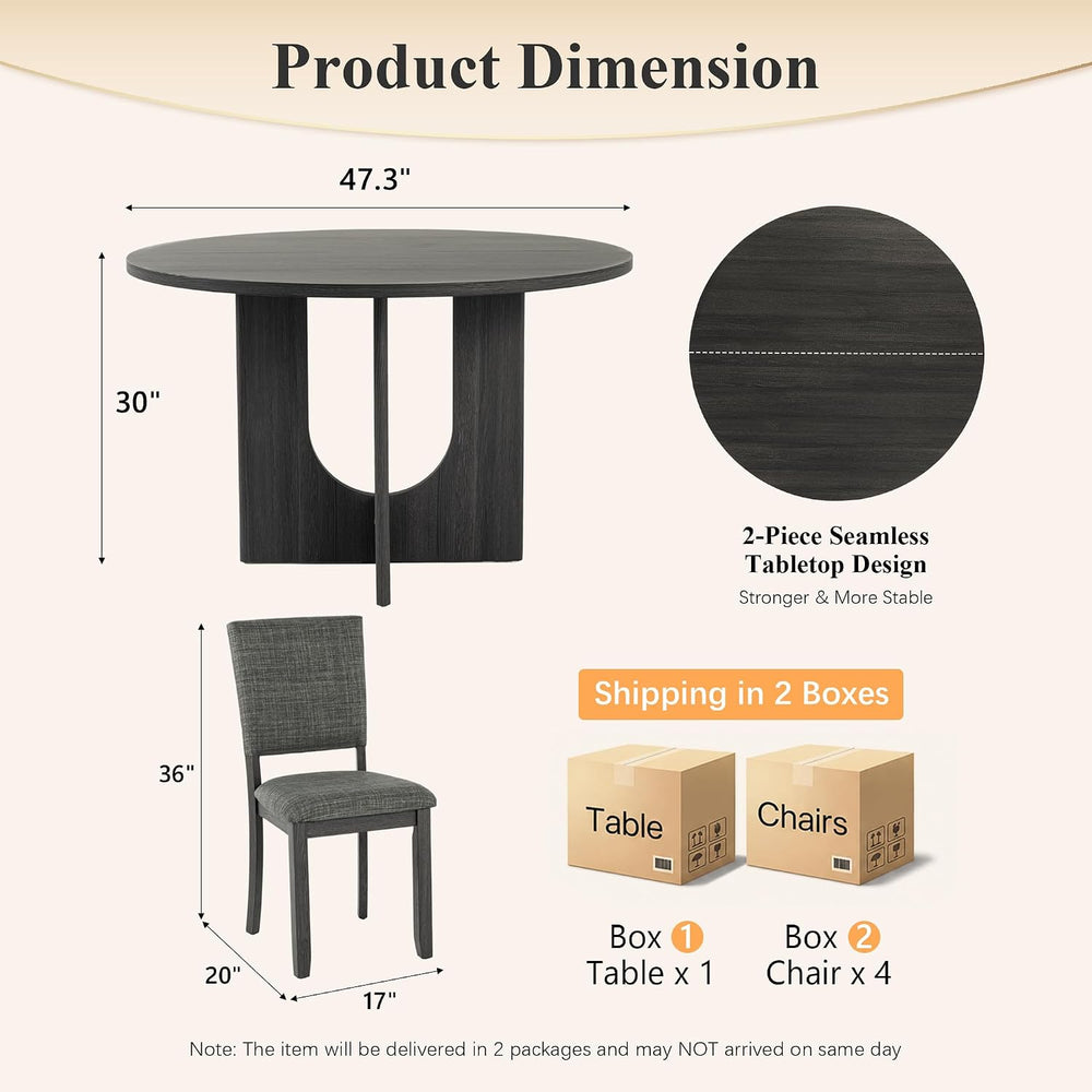 Round Dining Table Set for 4, 47" Round Tabletop, Dark Gray
