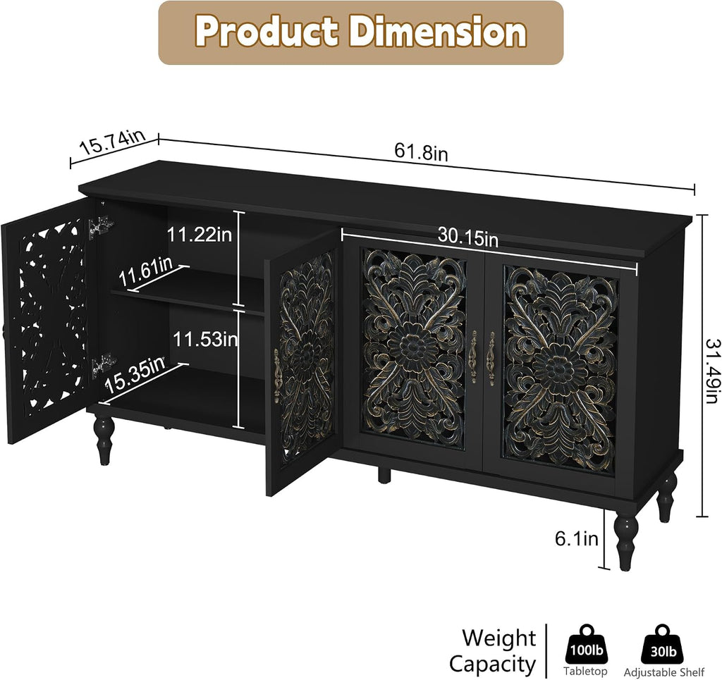 ARTPOWER 61.8" Hollow Carved Accent Cabinet with 4 Doors for Living Room