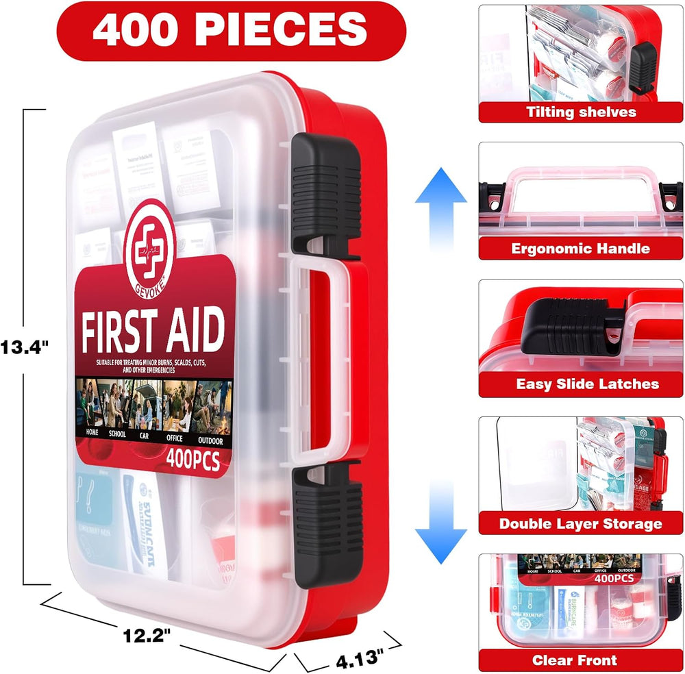 400 Piece First Aid Kit, Organized Dual-Layer Wall-Mountable Hard Case