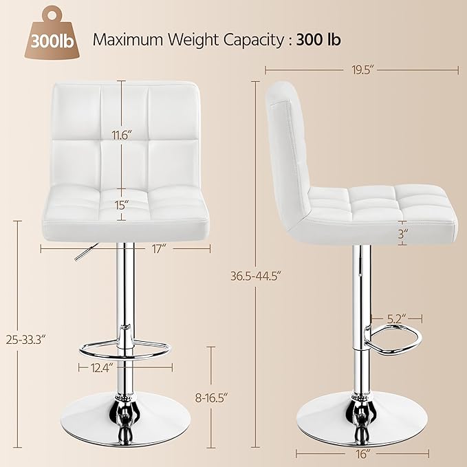 Yaheetech Single Bar Stool, PU Leather Adjustable Swivel Barstools, Armless Hydraulic Kitchen Counter Bar Stool, Kitchen Island Chairs, White