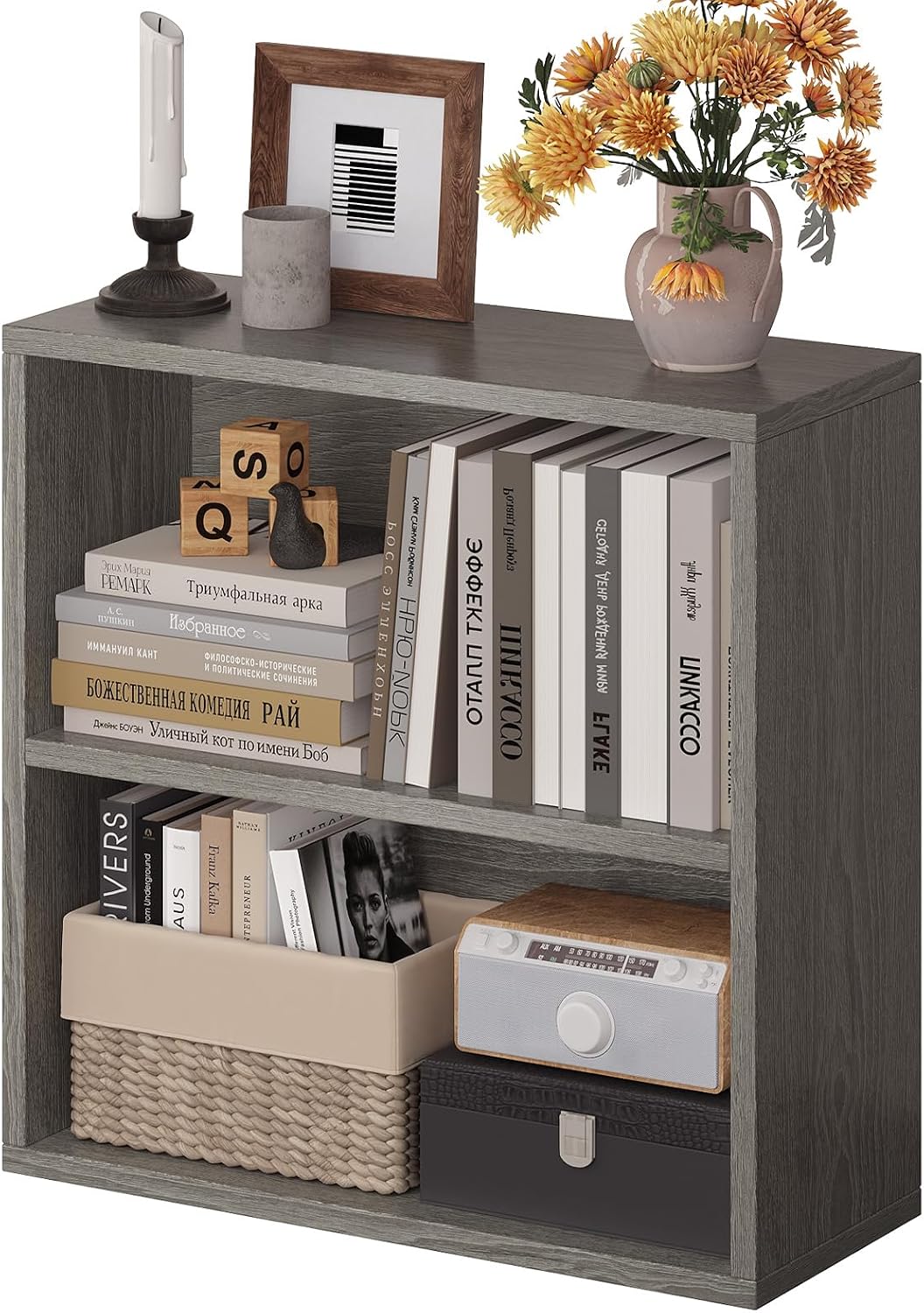 ALISENED 2 Tier Open Shelf Bookcase, Small Bookshelf with Storage