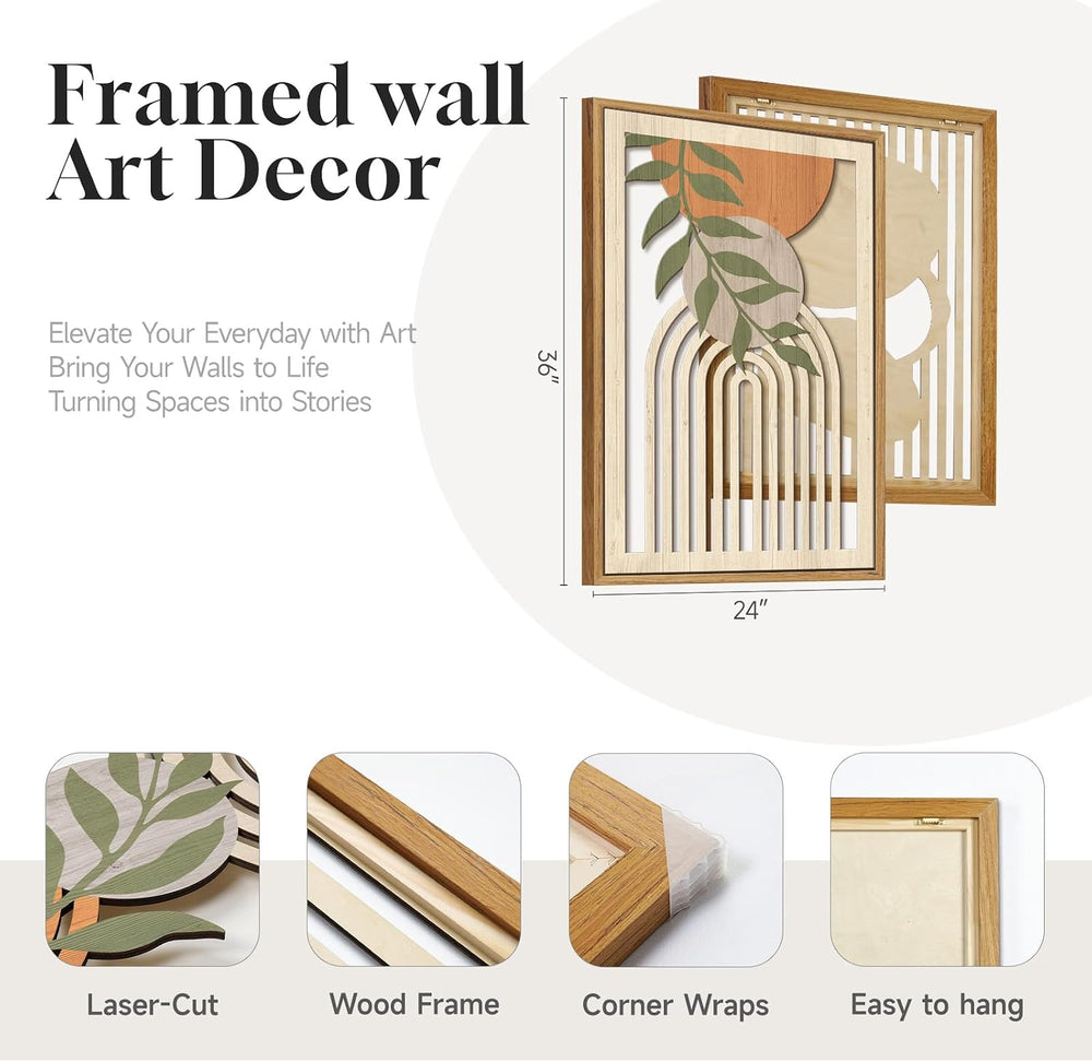Framed Boho 3D Cutout Carved Wood Wall Art Decor for Living Room, 24x36 In