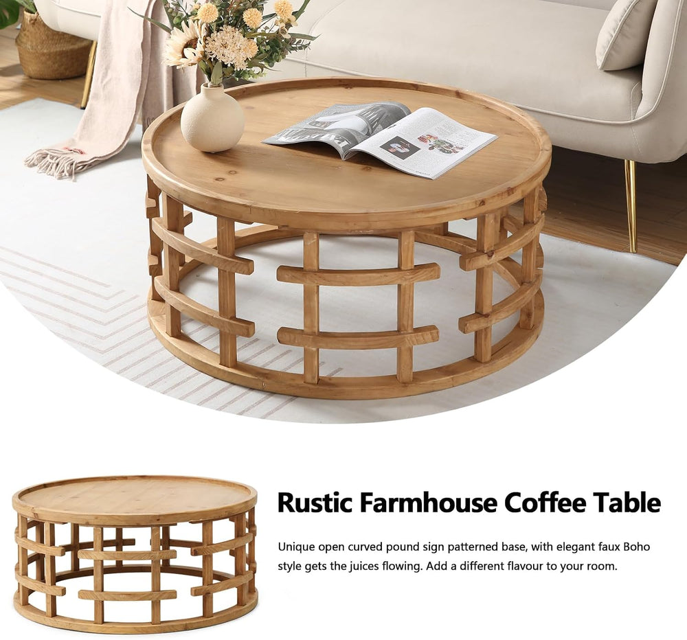 RUSTOWN Farmhouse Round Coffee Table, Boho Handcrafted Wooden Tables