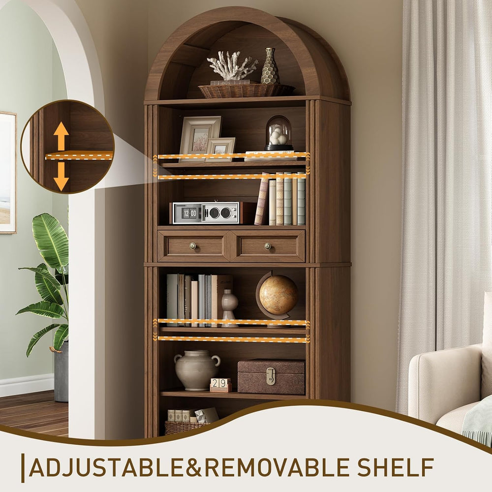 RALGEND Arched Bookshelf, 73" Tall Arch Bookcase with Drawer