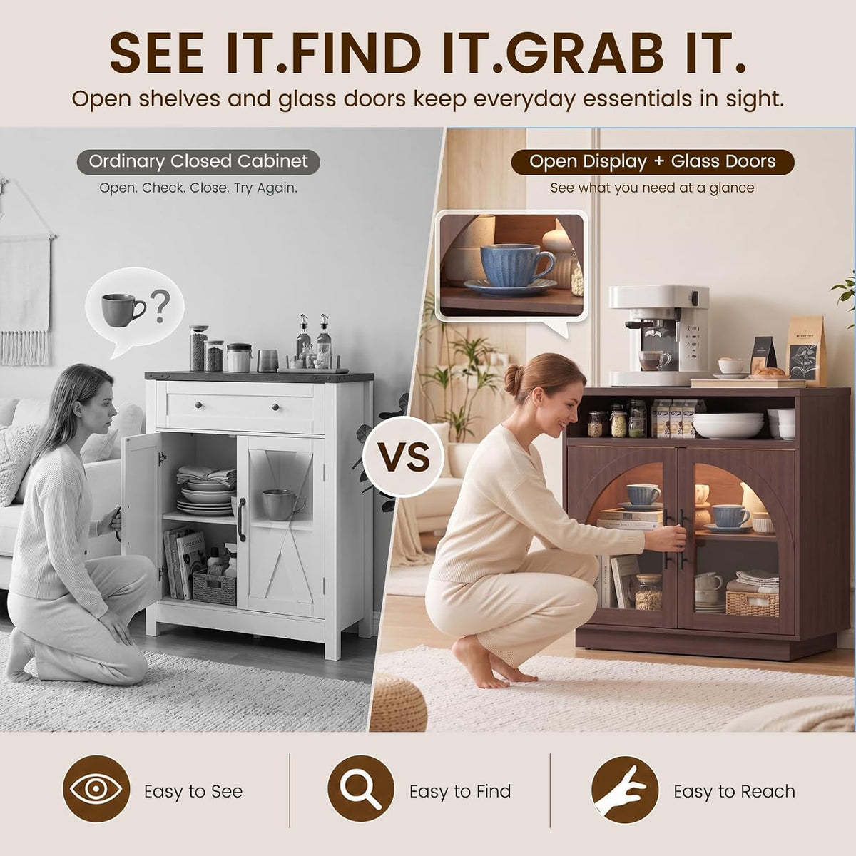 Coffee Bar Cabinet with Storage and LED Lights, Entryway Accent Cabinet