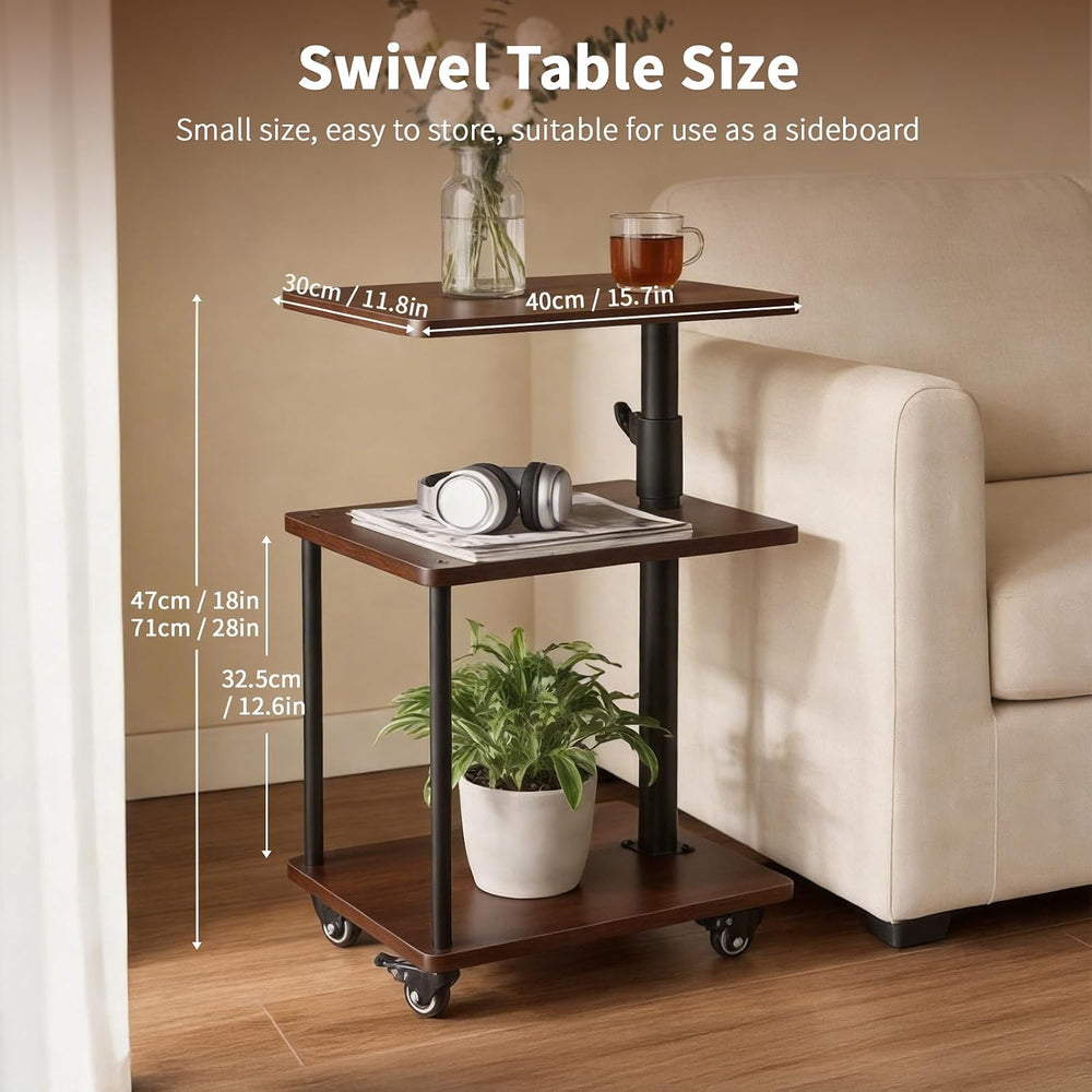 Side Table with Wheels, Adjustable End Table, Walnut-Look