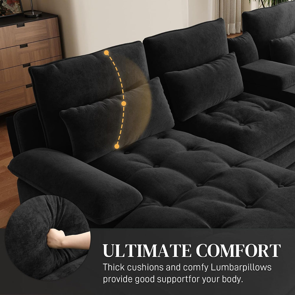 134" U-Shaped Sectional Couches for Living Room with Storage, Black
