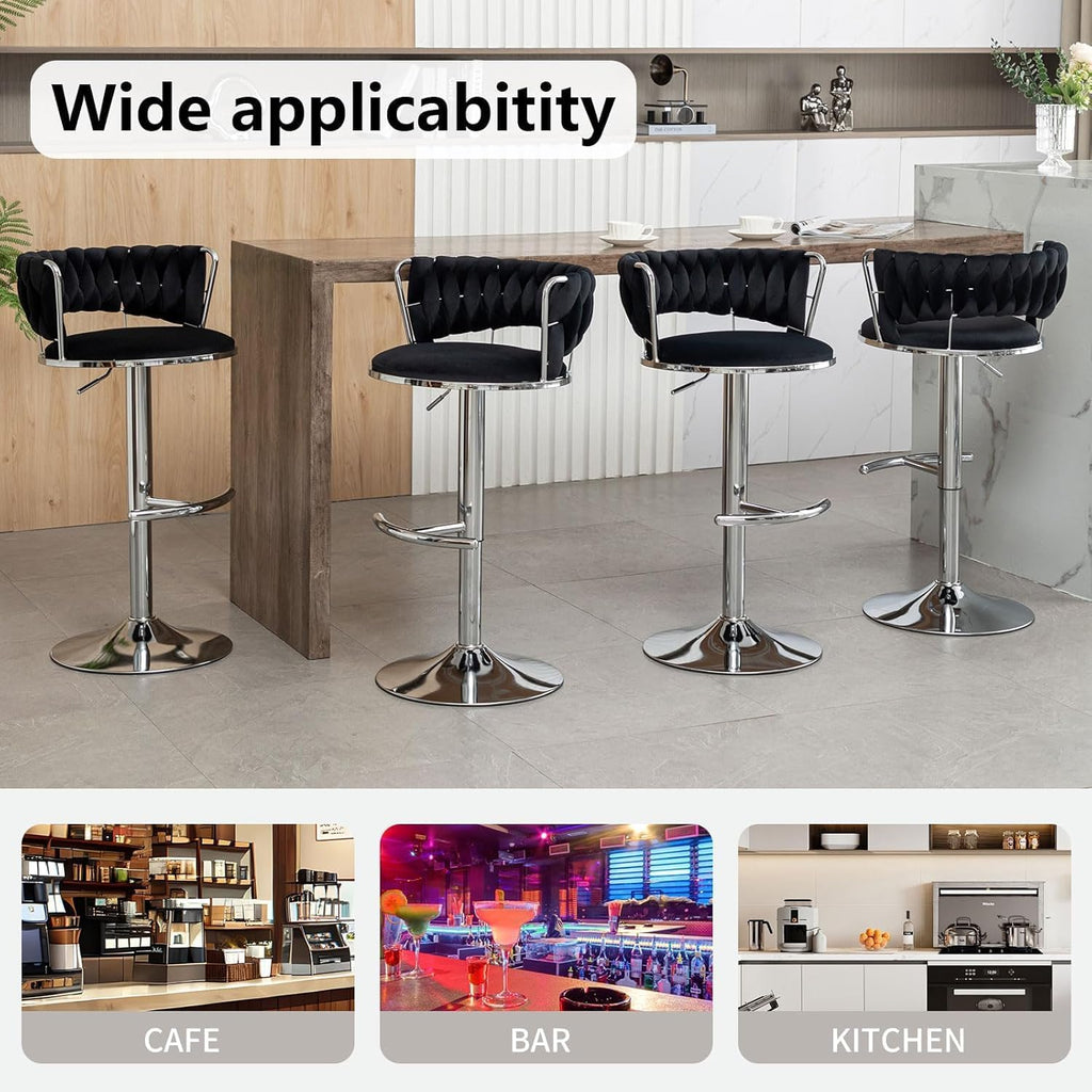 Canxkun Velvet Bar Stools Set of 4, Counter Height Bar Stools with Low Back, Modern Adjustable Height Barstools, Swivel Bar Chairs for Kitchen Island, Pub (Black)
