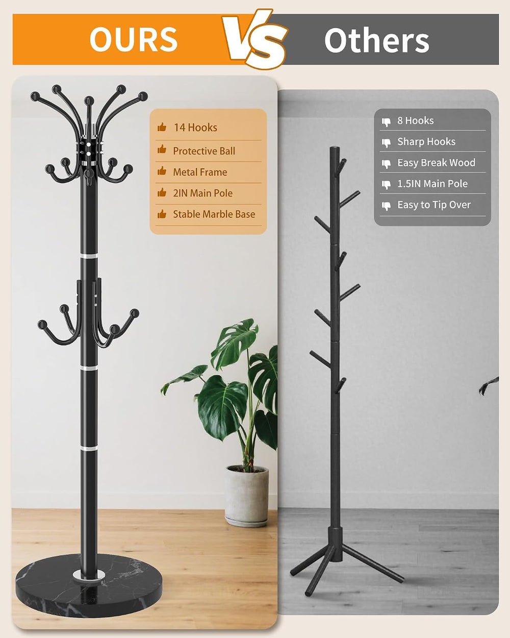 EZIVIEZ Coat Rack with 360°Rotary 14 Hooks Umbrella Holder Marble Base