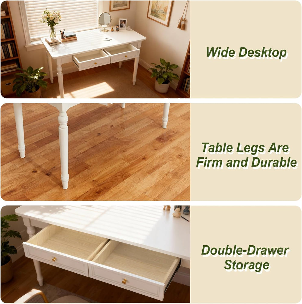 48in Rubber Wood Desk with Two Drawers,Home Writing Tables with Storage