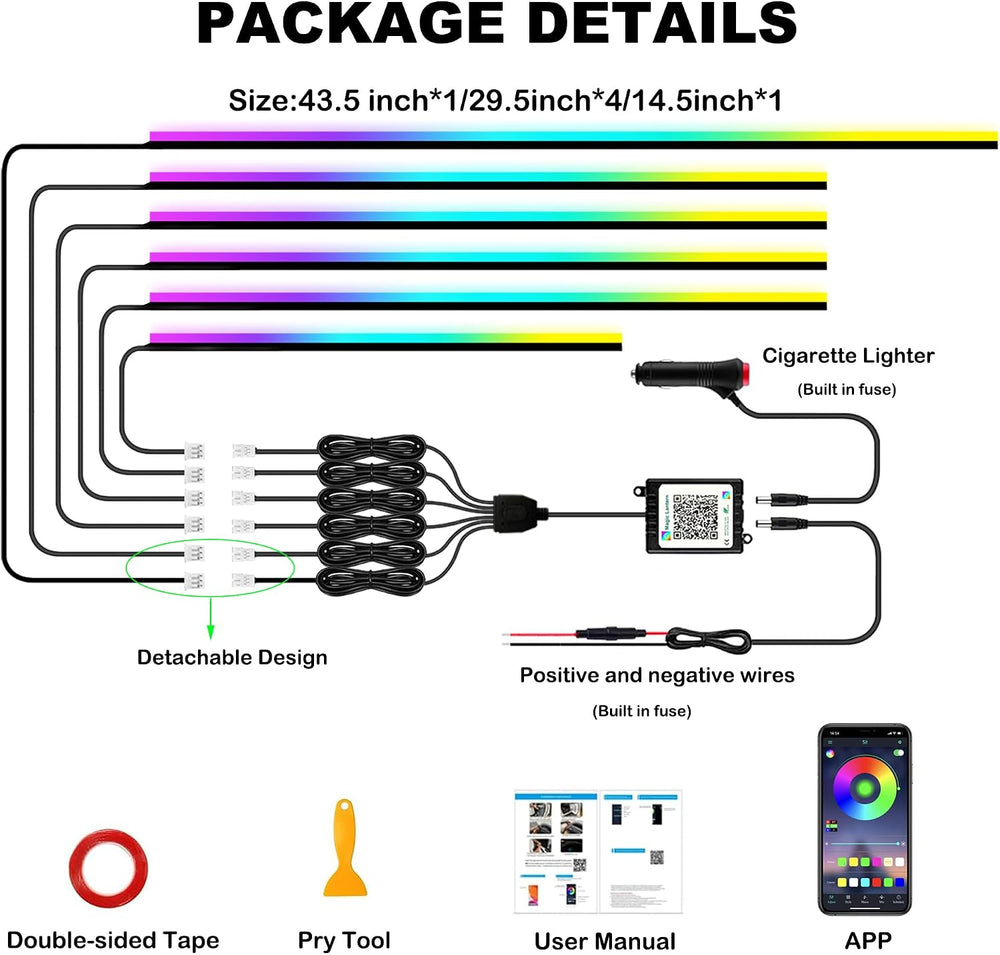 Interior Car LED Strip Lights with Wireless APP, Ambient Lighting Kits with D...