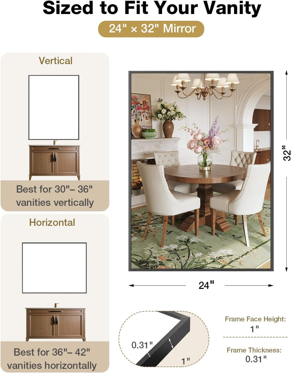 24"x32" Black Rectangle Bathroom Mirror for Over Sink, Wall Mounted