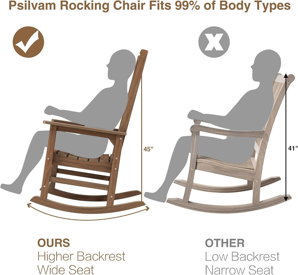 Psilvam Oversized Outdoor Rocking Chair, HDPE Porch Rocker (Dark Brown)