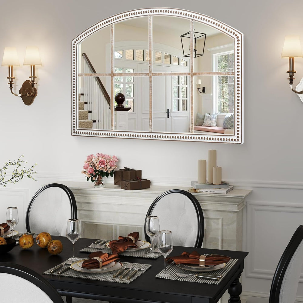 28x42 Inch Farmhouse Windowpane Mirror, Distressed Wood Arched Wall Mirrors