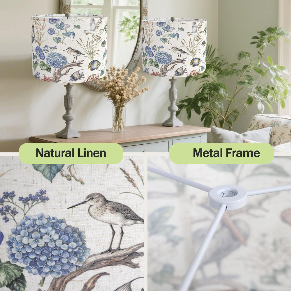 Drum Lampshades, Print Floral Linen Lamp Shade with White Frame