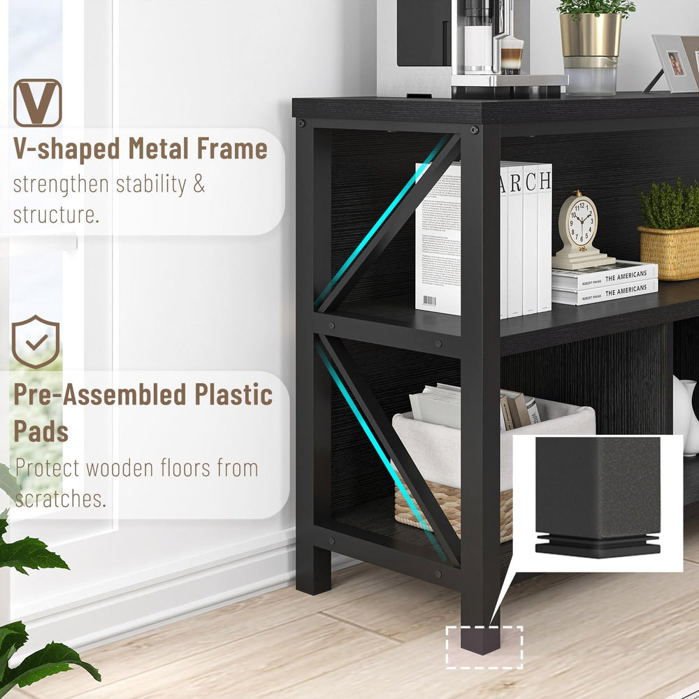 EXCEFUR Modern Black Horizontal Bookshelf, Industrial Wood & Metal Bookca...