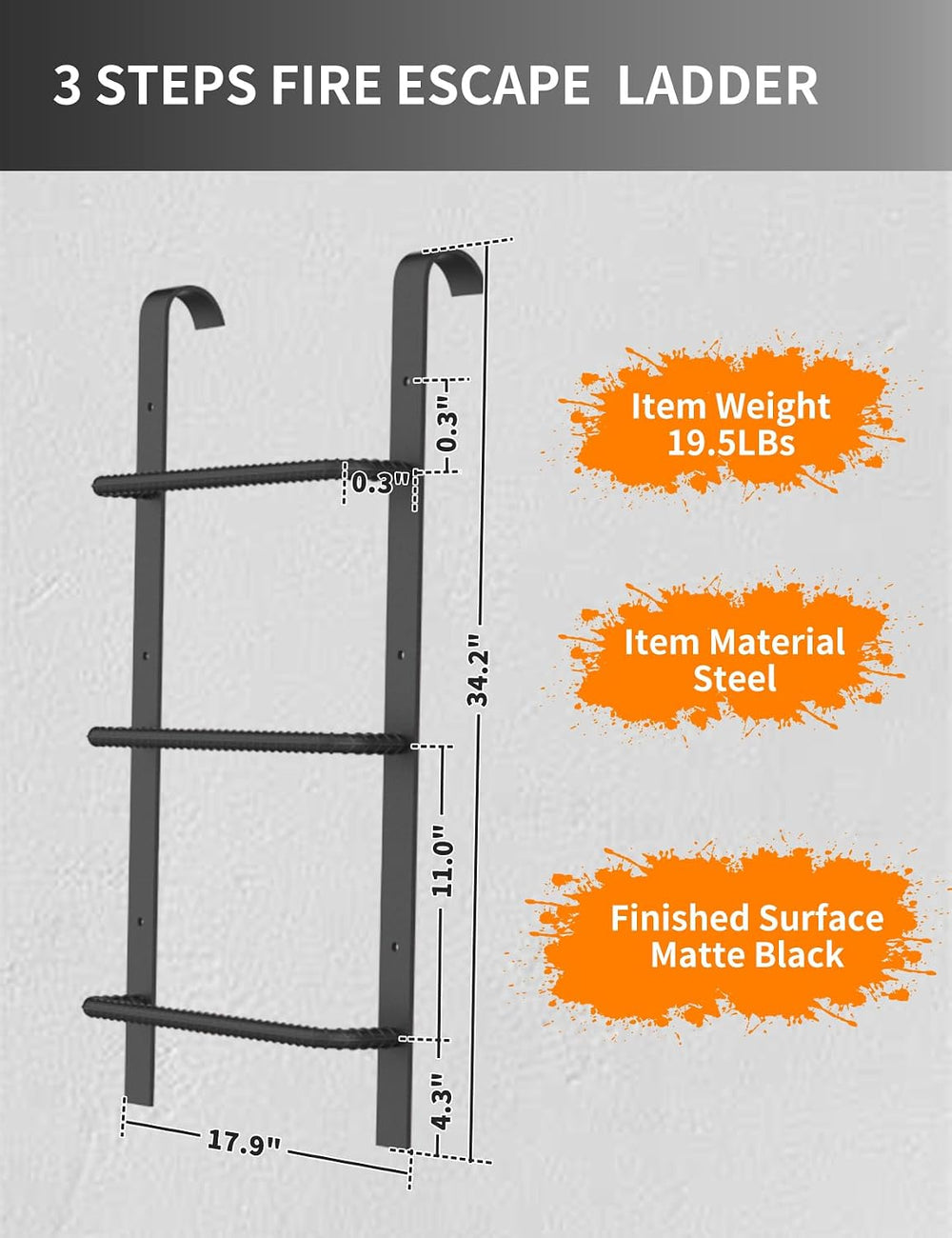 3-Rung Hooked Window Well Ladder, Basement Egress Fire Escape Ladder