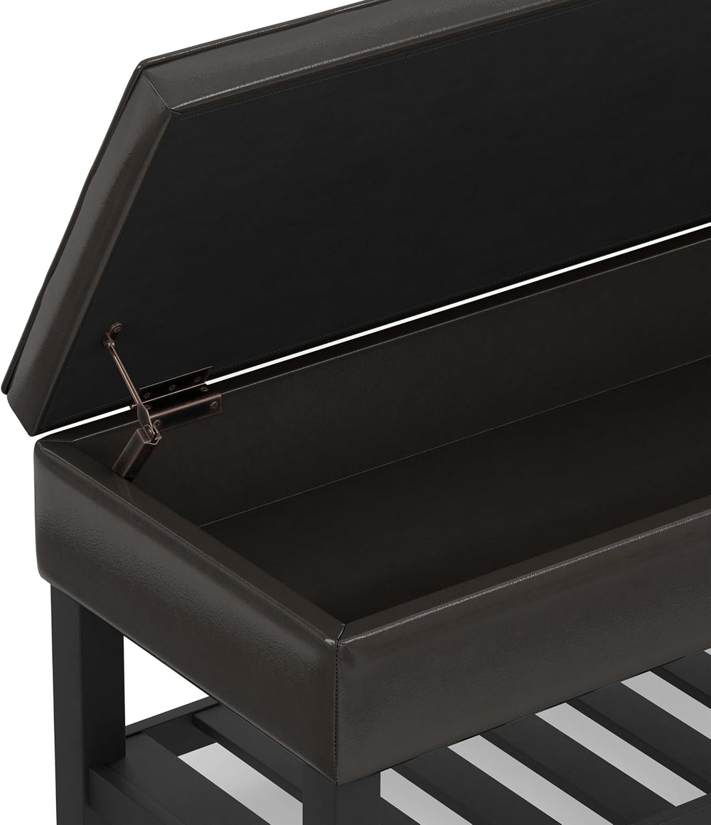 SIMPLIHOME Cosmopolitan 44" Wide Vegan Leather Storage Ottoman in Brown