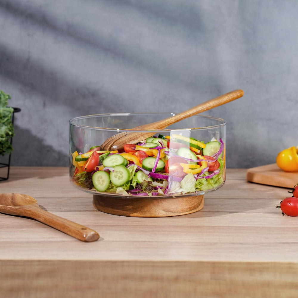 NiHome Glass Salad Bowl with Acacia Wood Salad Tongs, Large Capacity Design w...
