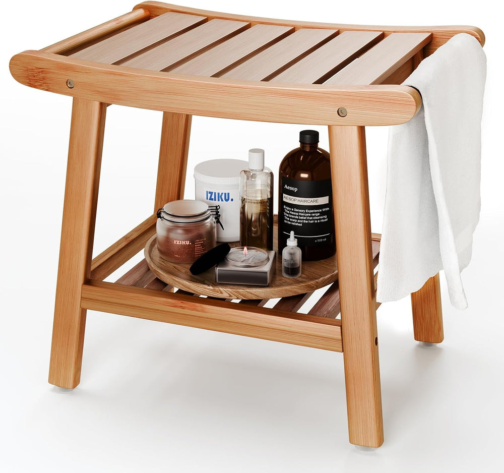 Bamboo Shower Stool Bench,Shower Chair for Inside Shower with Storage Shelf