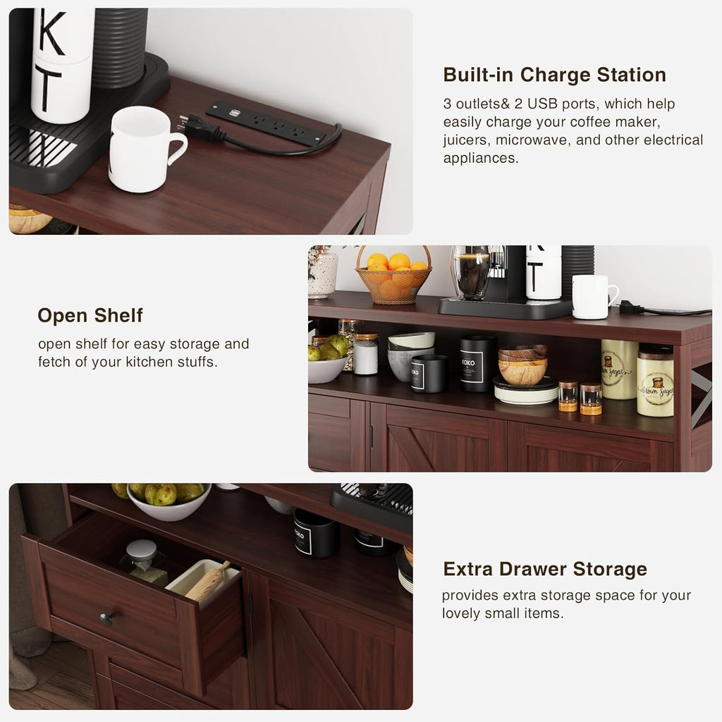 47" Dark Brown Farmhouse Storage Cabinet with Barn Doors and Drawers