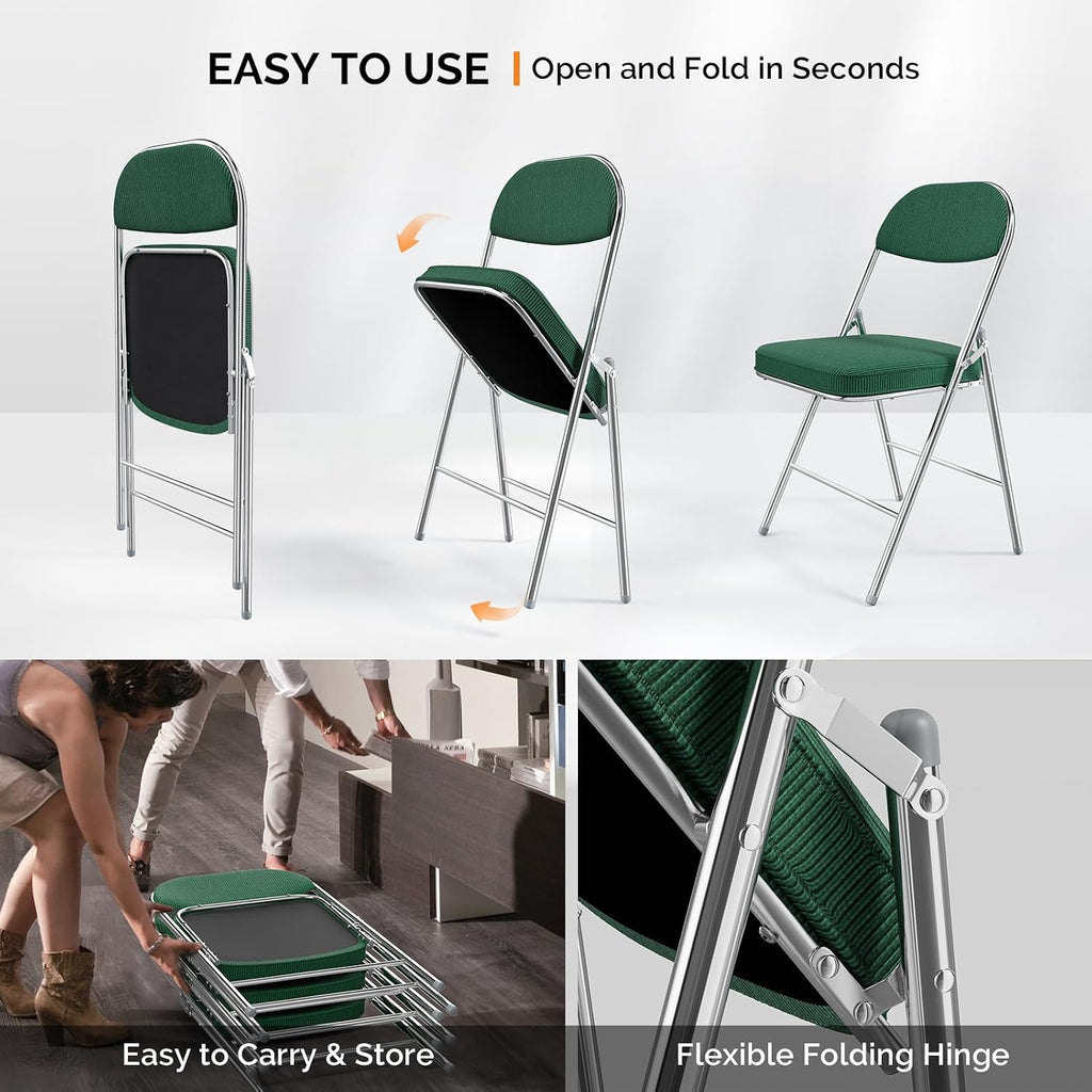 VINGLI Folding Chairs with Padded Seat & Backrest, Metal Frame, Durable Corduroy Fabric, 350 lbs Capacity, Set of 1, Olive Green – Ideal for Weddings, Parties, Office Events