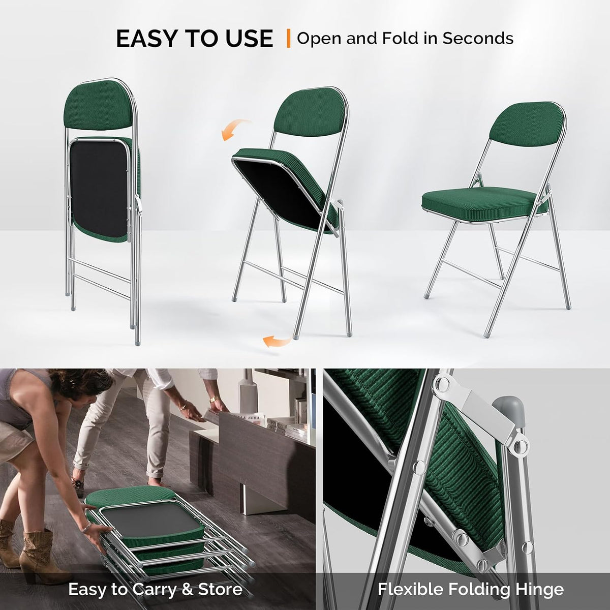 VINGLI Folding Chairs with Padded Seat & Backrest, Metal Frame, Durable Corduroy Fabric, 350 lbs Capacity, Set of 1, Olive Green – Ideal for Weddings, Parties, Office Events