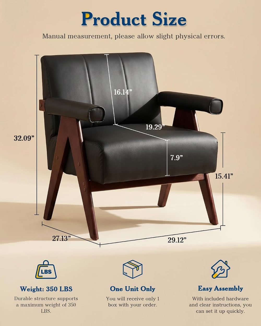 Mid Century Modern Black Faux Leather Accent Chair Set 2 Solid Wood Frame