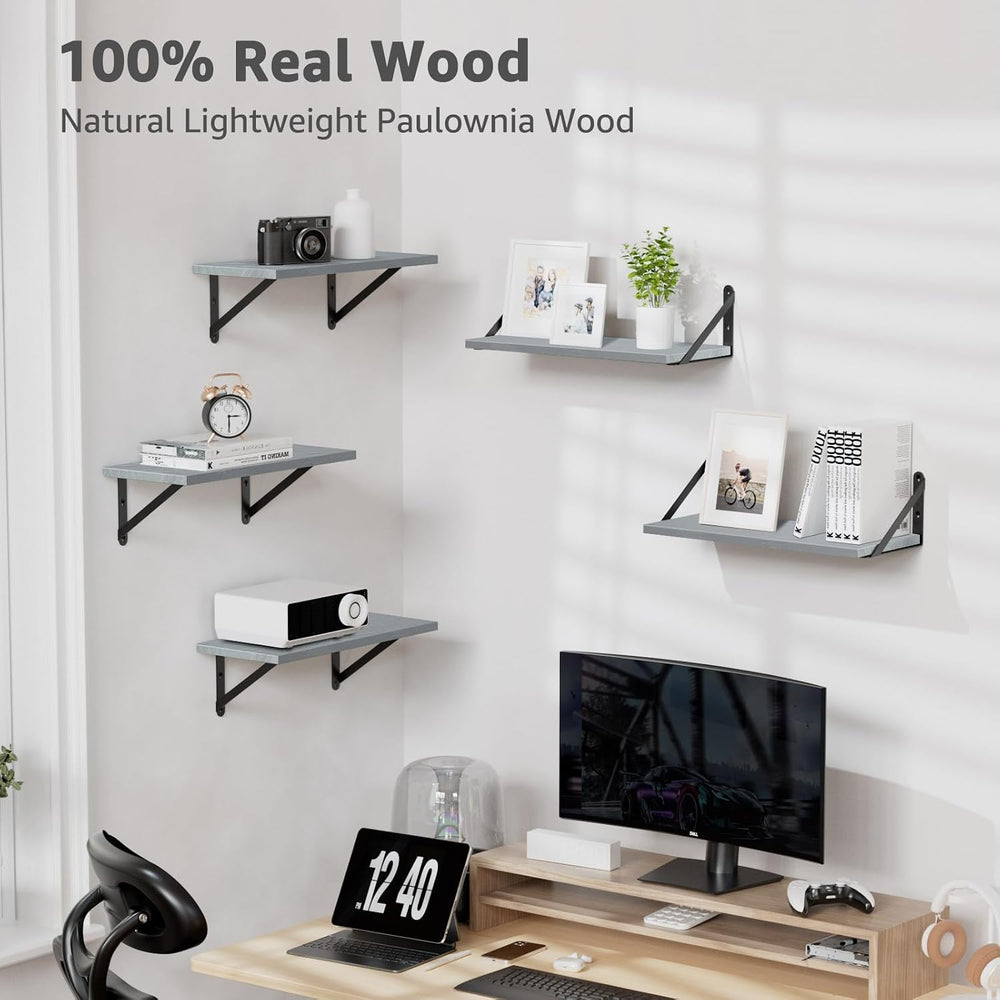 COCOYA Wall Shelves 7.3" Deep Solid Paulownia Wood (Grey, Set of 4)