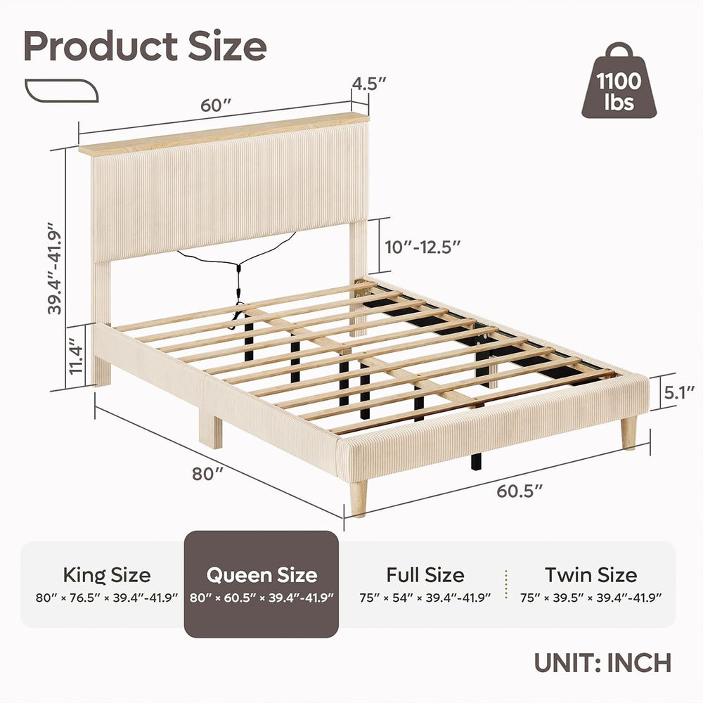 Bestier Queen Bed Frame with Storage Headboard & LED, Upholstered, Beige