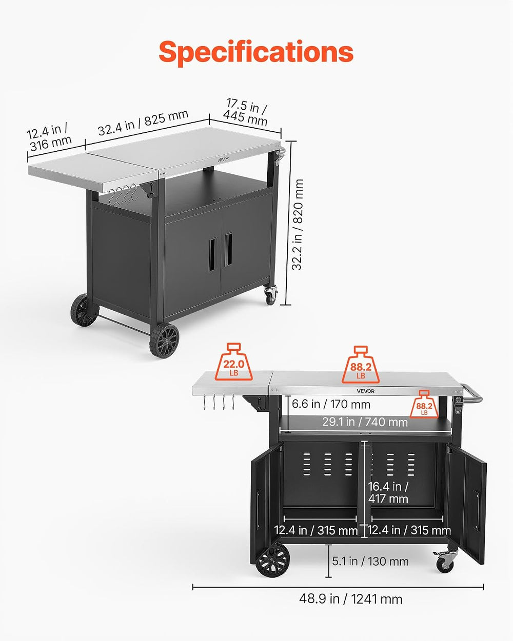 VEVOR Outdoor Grill Cart with Storage Cabinet, 48.9 Inch Grill Table, Waterpr...