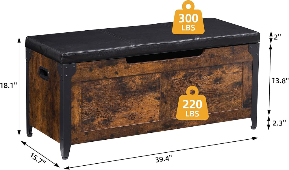 IDEALHOUSE 39.4" Storage Bench with 2 Safety Hinges, Rustic Brown