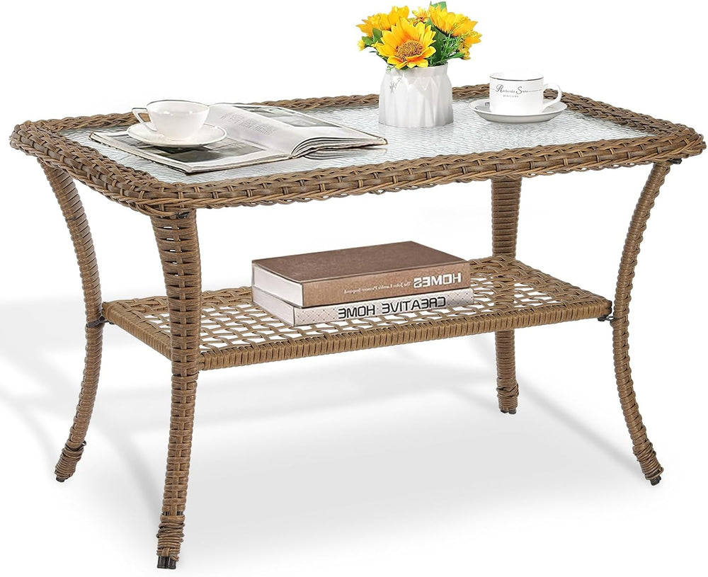 MEETWARM Wicker Patio Coffee Table, 34.5" Rectangle Outdoor Coffee Table...