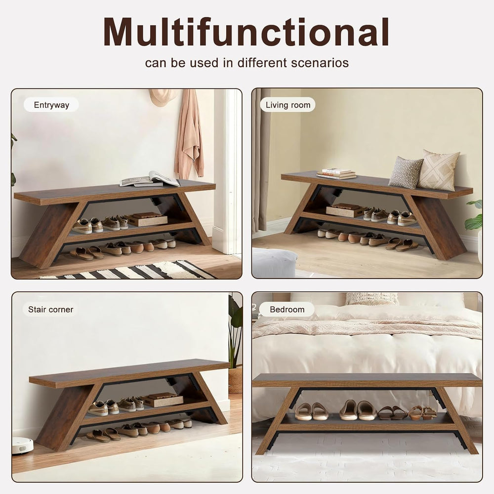 2-Tier Shoe Storage Bench, 55" Large Solid Wood Entryway Stool Storage