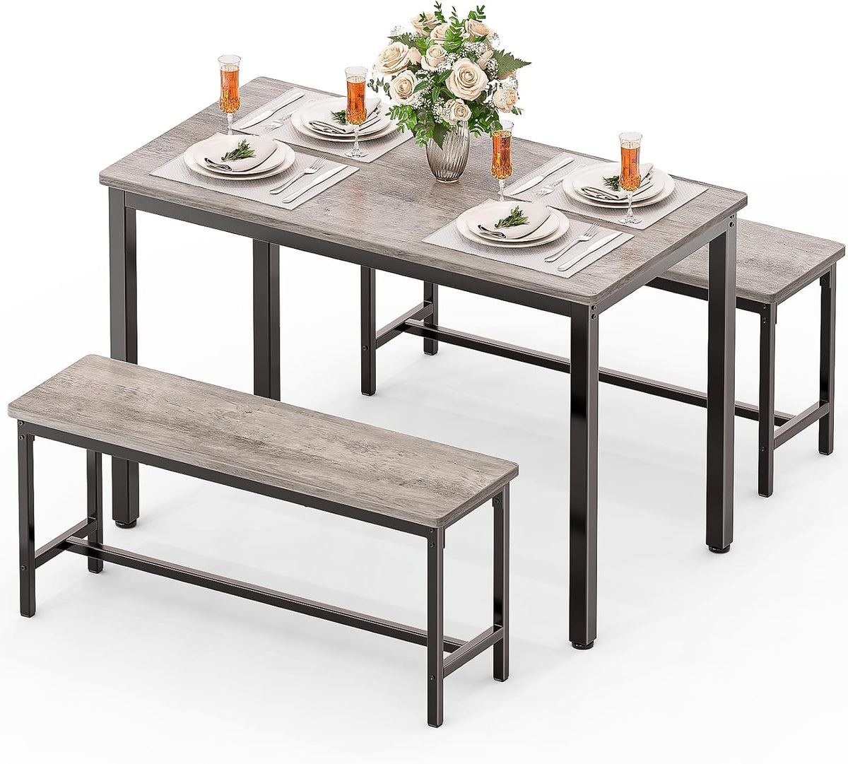 Dining Table Set for 4, Kitchen Table with 2 Benchs, Grey | Modern Functional 3 Piece Space-Saving Dining Room Table Set for Apartment, Breakfast Nook, Small Space