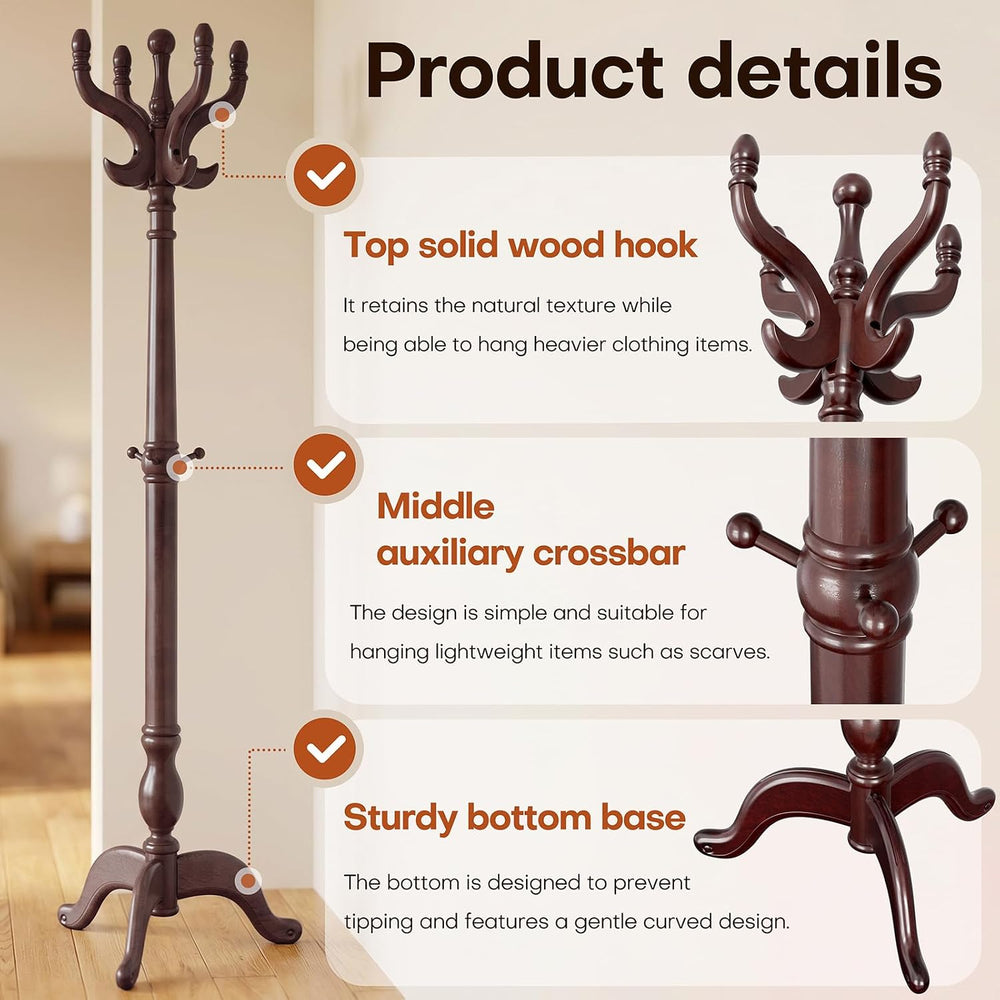Freestanding Coat Rack with Hook, 73.6IN Tall Wooden Coat Tree