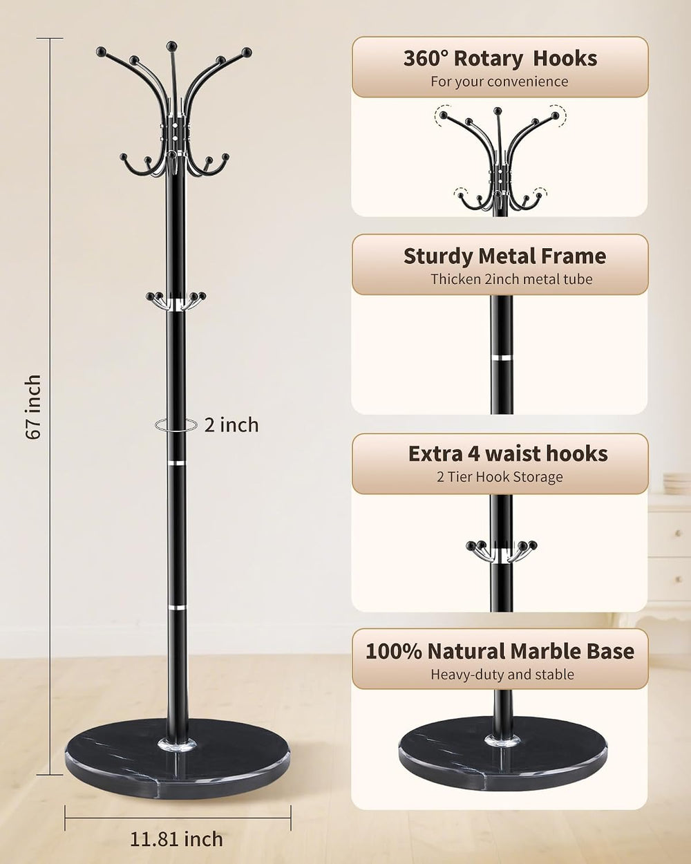 Metal Coat Rack Freestanding with 360°Rotary 14 Hooks Marble Base