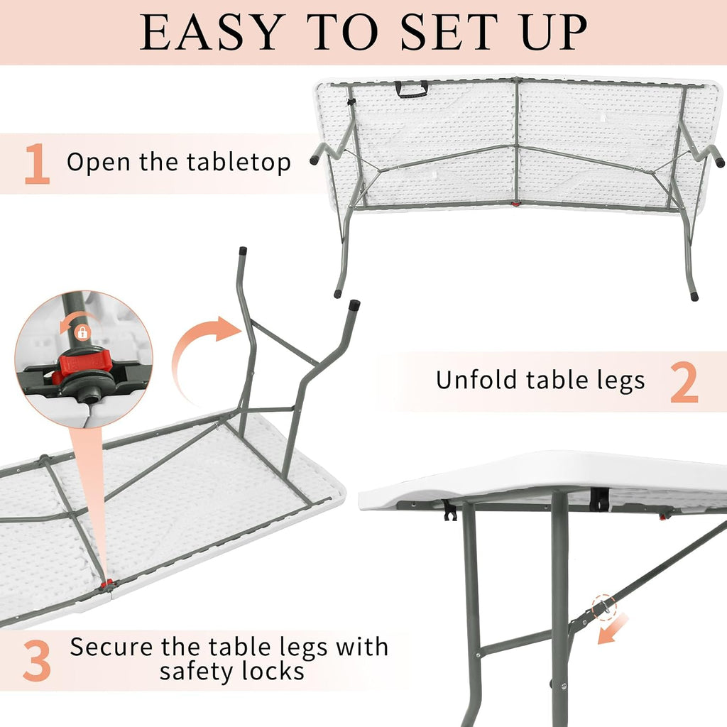 Set of 2 Folding Tables with Carrying Lightweight Rectangular Portable Plastic Camping Table Steel Legs for Party, Dining, Wedding, Events, Picnic, Outdoor (5FT, White)