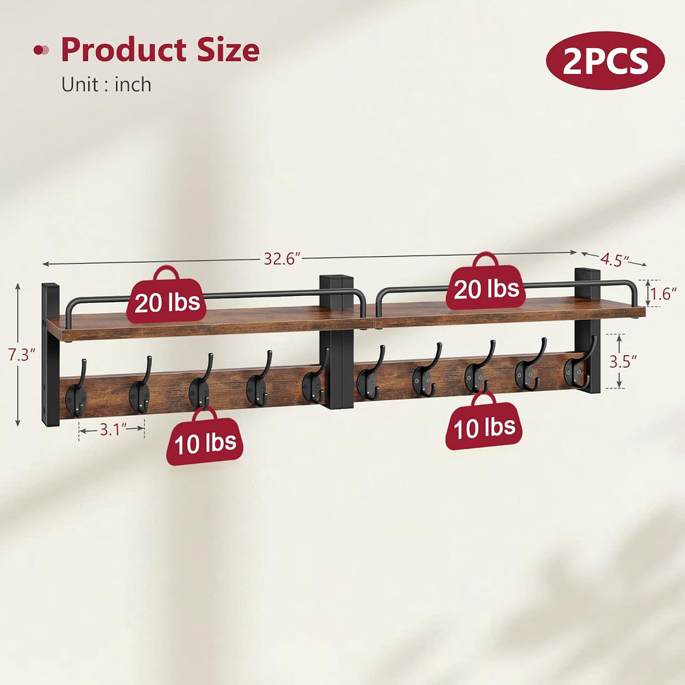 Tajsoon 32.6"(16.3"*2) Wall Hooks with Shelf and Guardrail, Rustic ...