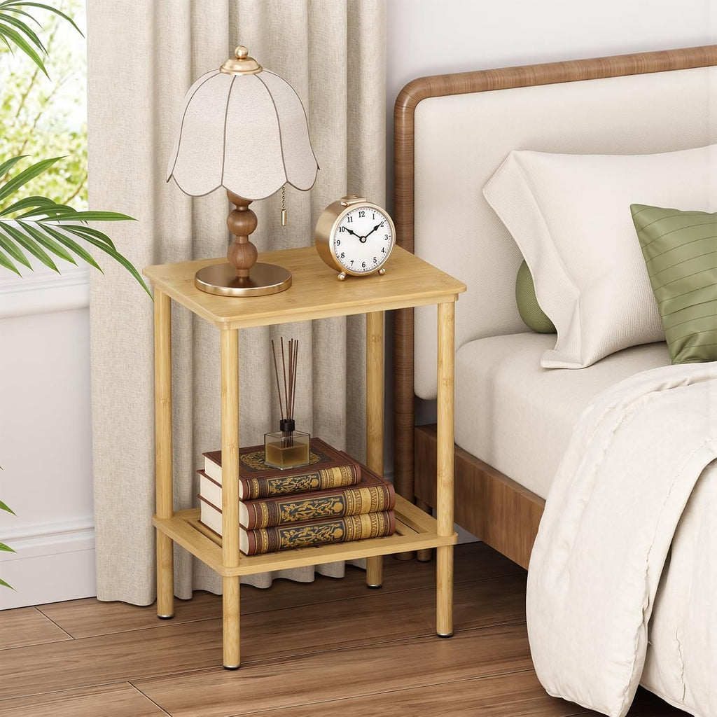 2 Tier Bamboo Narrow End Table, No Tool Assembly Bedroom Bedside Table, Small Space Nightstand, Bathroom Storage, Sofa Side Table, Entryway Table