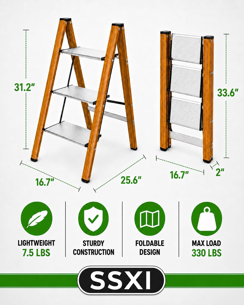 3 Step Ladder Lightweight Aluminum Folding Step Stool SilverWoodgrain