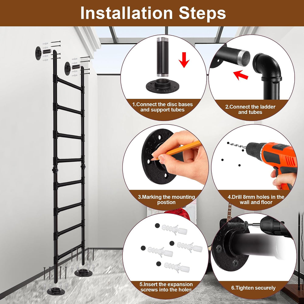 7FT/213cm Metal Ladder for Loft Attic, 7-Rung Wall Floor Mounted